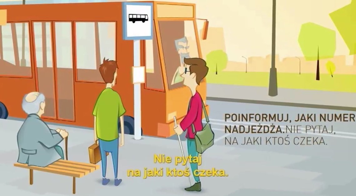 Osoba niewidomo na przystanku autobusowym - fragment filmu animowanego nt. savoir-vivre wobec osób z niepełnosprawnością