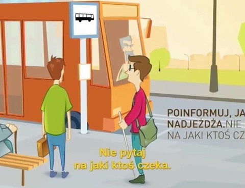 Osoba niewidomo na przystanku autobusowym - fragment filmu animowanego nt. savoir-vivre wobec osób z niepełnosprawnością