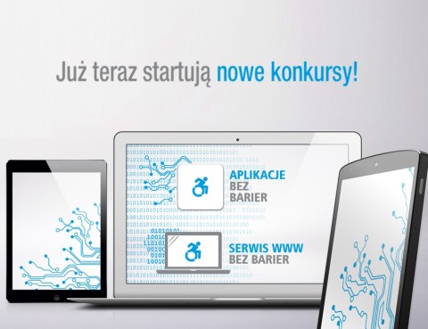 Już teraz startują nowe konkursy Integracji - grafika przedstawiająca tablet, smartfon i laptopa z identyfikacją wizualną konkursów na ekranach