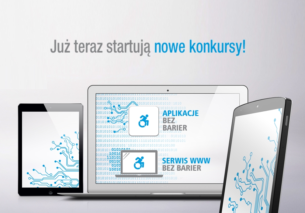 Już teraz startują nowe konkursy Integracji - grafika przedstawiająca tablet, smartfon i laptopa z identyfikacją wizualną konkursów na ekranach