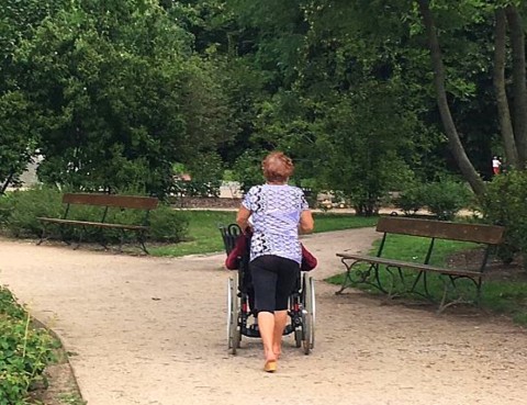 Zielony park. Pani pcha po szutrowej drodze osobę na wózku