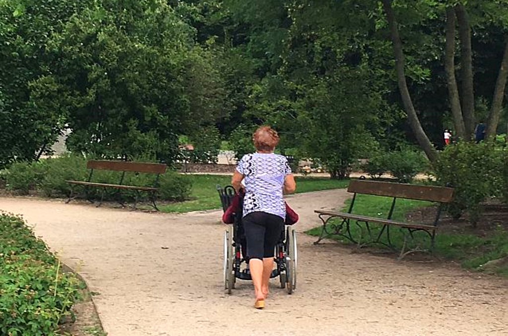 Zielony park. Pani pcha po szutrowej drodze osobę na wózku