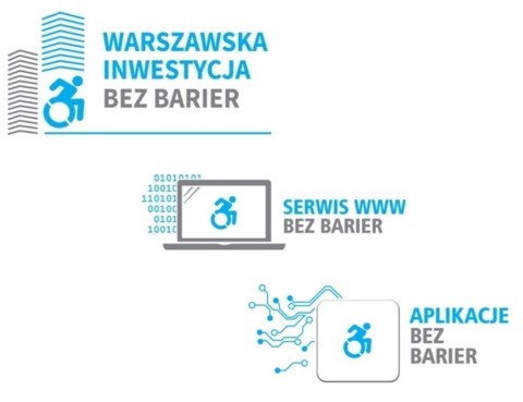 loga trzech konkursów Integracji: Serwis www bez barier, Aplikacje bez barier oraz Warszawska Inwestycja bez barier