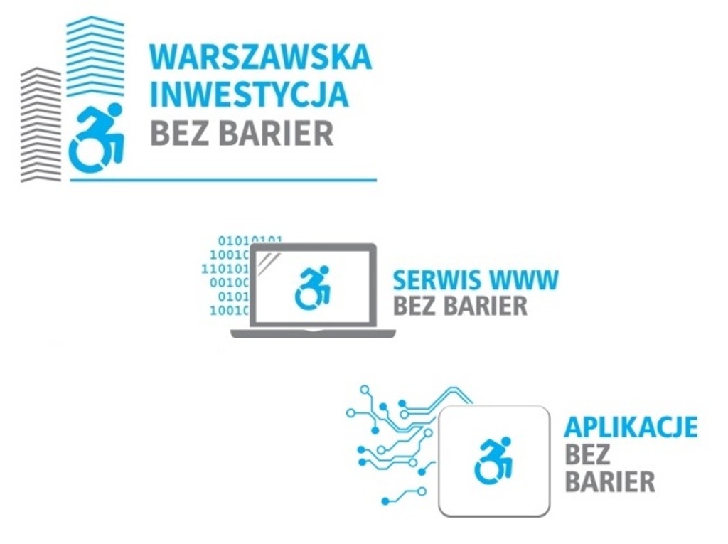 loga trzech konkursów Integracji: Serwis www bez barier, Aplikacje bez barier oraz Warszawska Inwestycja bez barier