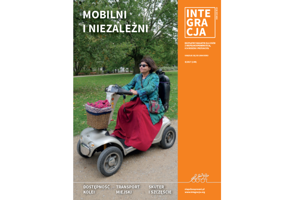 Okładka 4 numeru magazynu Integracja. Na okładce Jola Wiszowata jedzie na skuterze dla osób z niepełnosprawnością