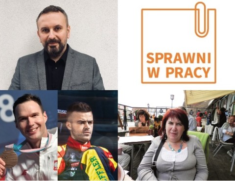 Od lewej: dr Paweł Rutkowski, grafika - logo portalu Sprawniwpracy.com, Igor sikorski, Bartosz Ostałowski i Grażyna Polka