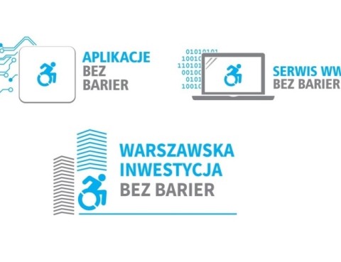 loga: aplikacja bez barier, serwis bez barier i warszawska inwestycja bez barier