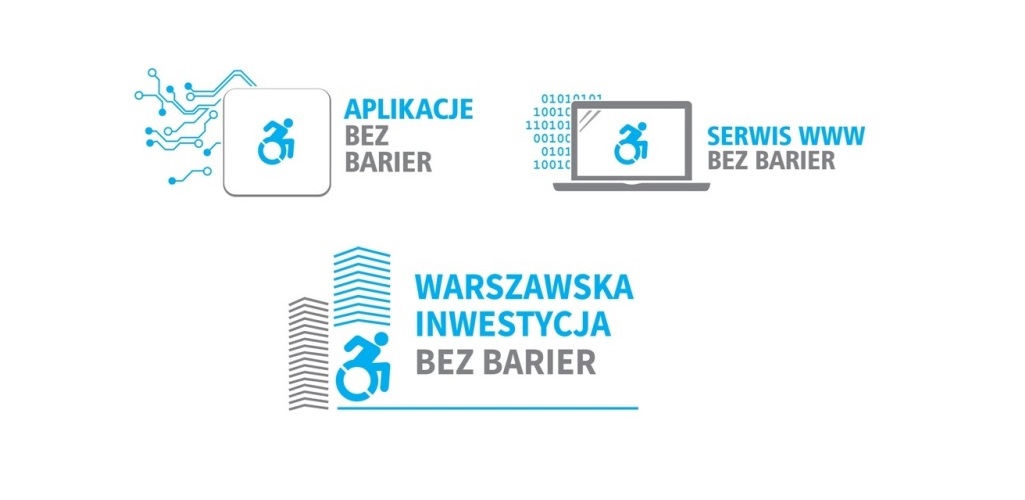 loga: aplikacja bez barier, serwis bez barier i warszawska inwestycja bez barier