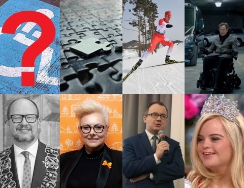 fragmenty ośmiu zdjęć: czerwony znak zapytania, puzzle, Witold Skupień, mężczyzna na wózku elektrycznym, śp. Paweł Adamowicz, Ewa Pawłowska, Adam Bodnar, Kate Grant - modelka z zespołem Downa