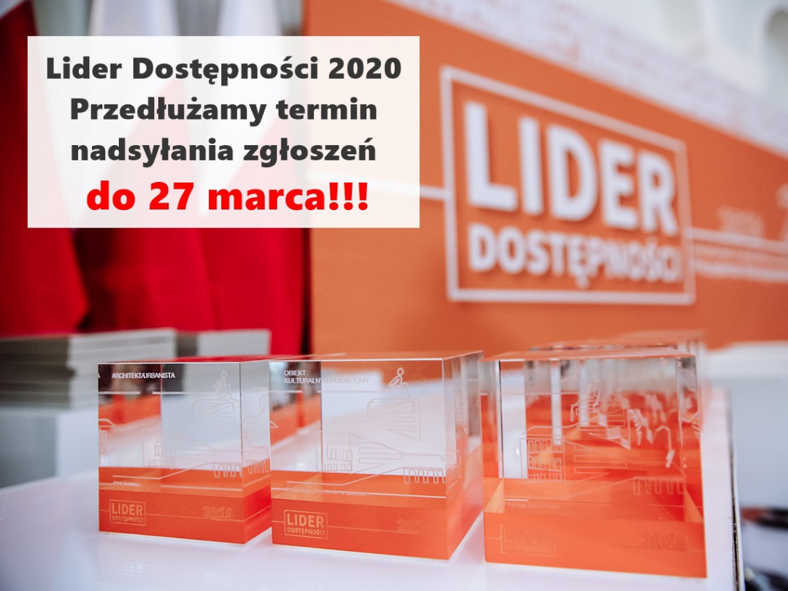 Zdjęcie statuetek - nagród w konkursie "Lider Dostępności" oraz napis "Przedłużamy termin nadsyłania zgłoszeń do 27 marca"