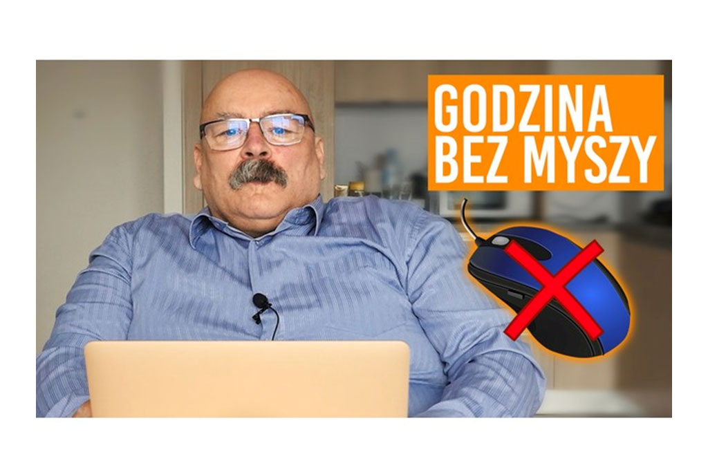 Adam Pietrasiewicz siedzi przed laptopem. Obok niego napis: godzina bez myszy i przekreślona komputerowa myszka